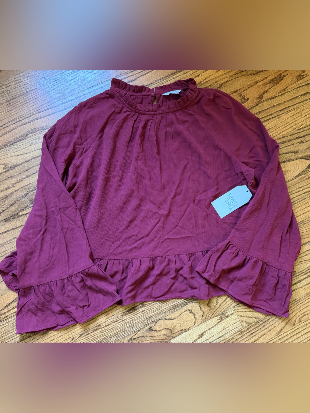 Time & Tru Wine Ruffle-Neck Peplum Blouse NWT